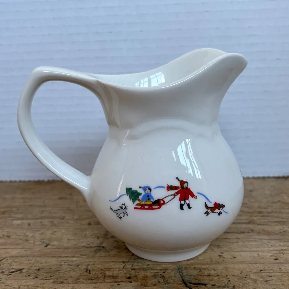 Pfaltzgraff Snow Village‎ Creamer Pitcher White Stoneware Snowman Sledding Scene